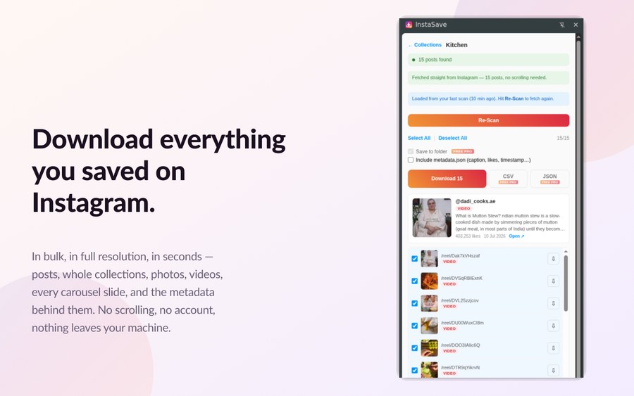 InstaSave side panel listing a saved Instagram collection ready to download