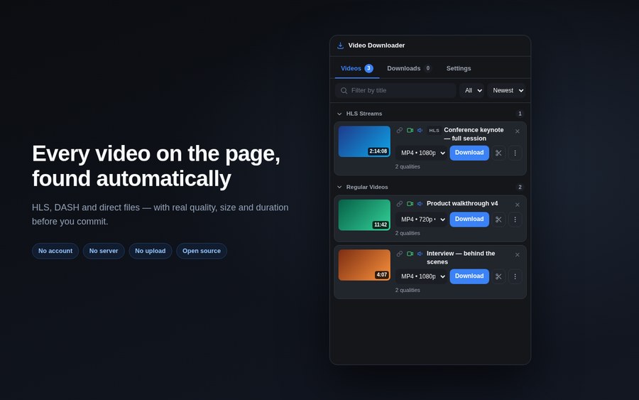 Ultimate Video Downloader listing every video detected on a page